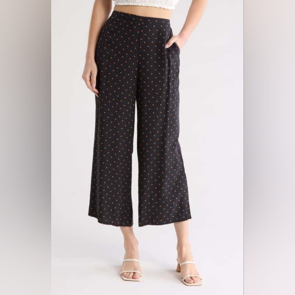 NORDSTROM RACK Printed Palazzo Pants, Small, BLACK- RUST ARGAN HANNA DOT